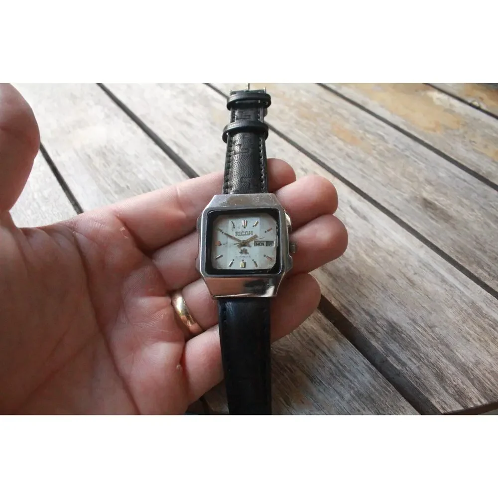 Vintage 1971 Ricoh Square Automatic Mens Silver Watch W/daydate & Gold accents